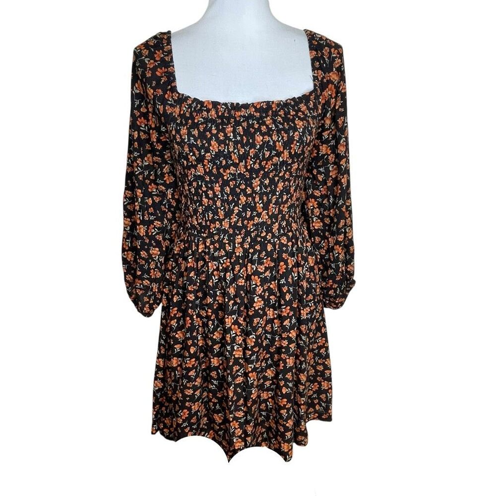Lost + Wander Long Sleeve Floral Smocked Babydoll Dress Black and Burnt Orange S
